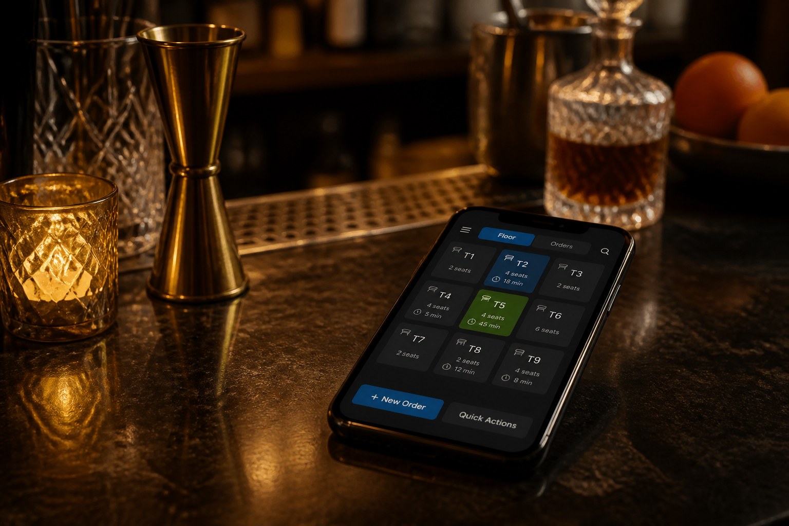Mobile order screen at bar counter