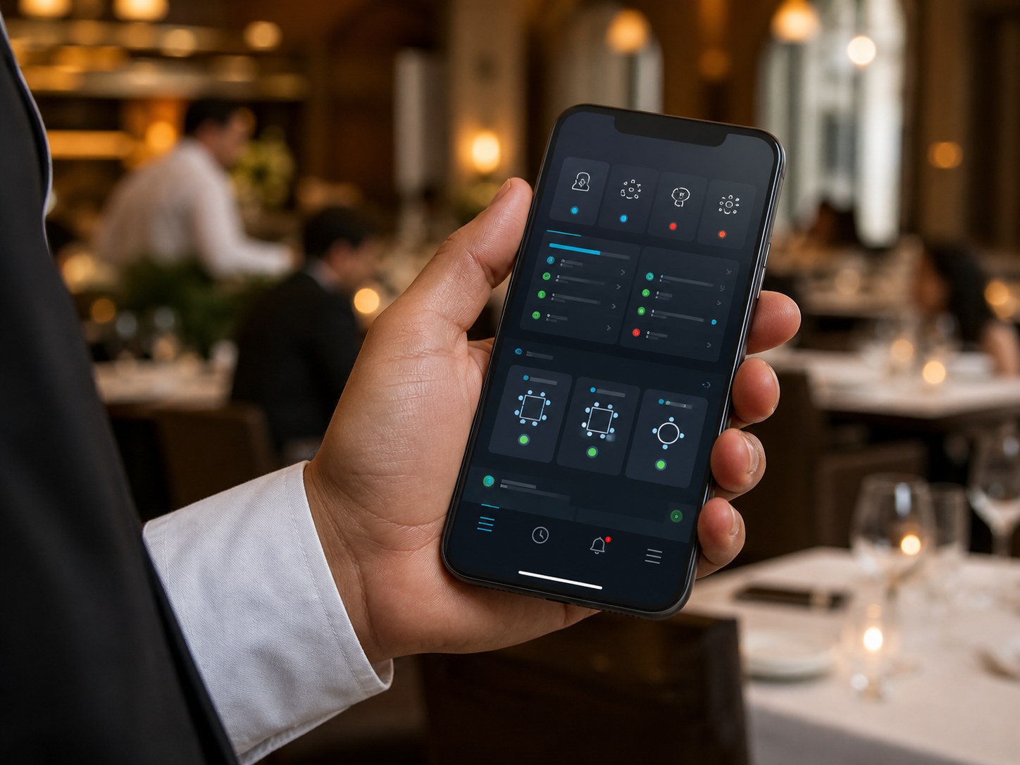 Waiter holding a mobile device in a restaurant dining room