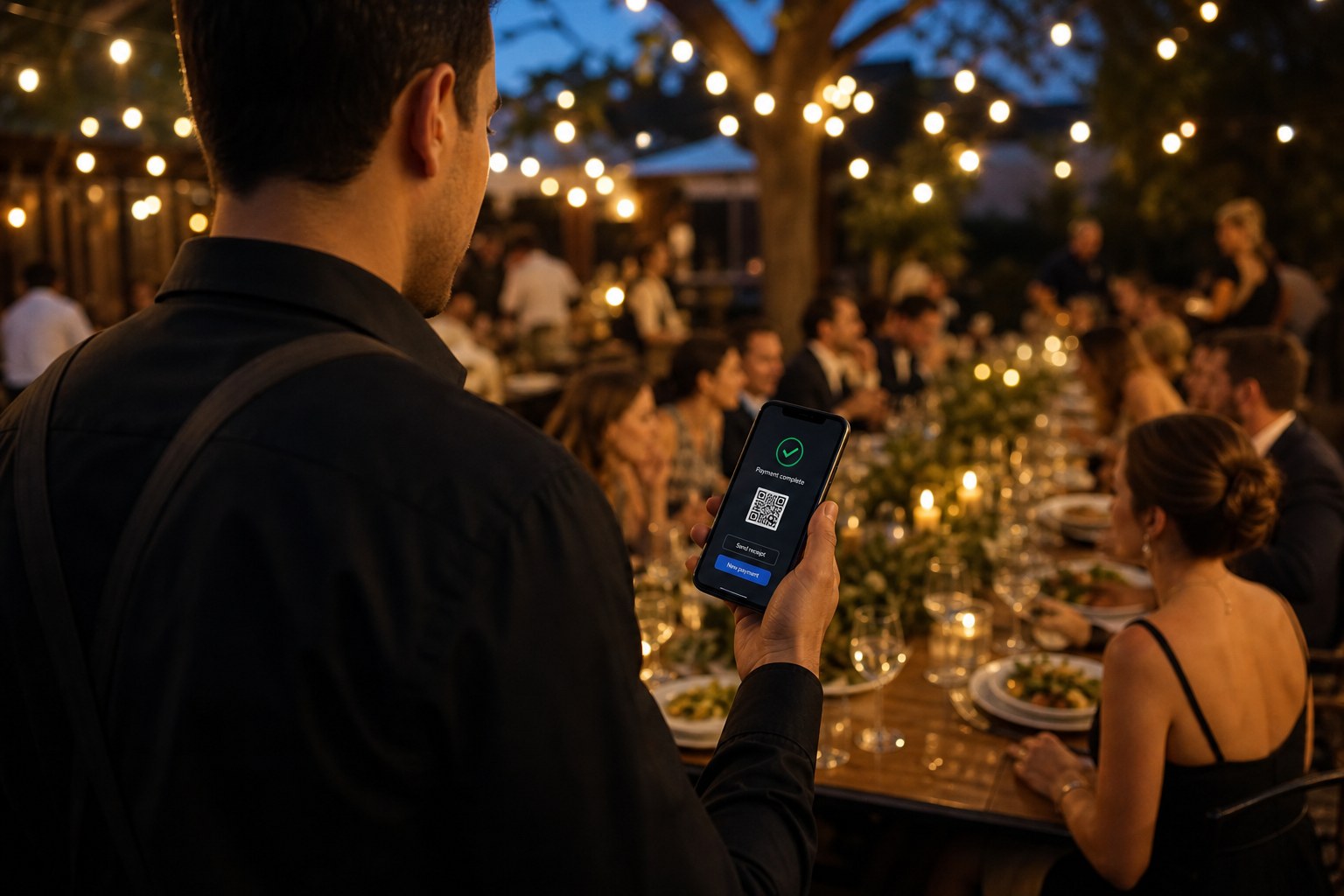 Waiter using mobile at busy outdoor event