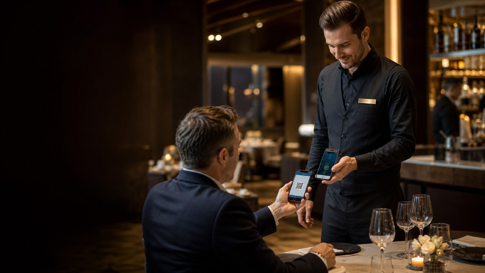 Hotel restaurant waiter connecting guest and restaurant systems with mobile devices