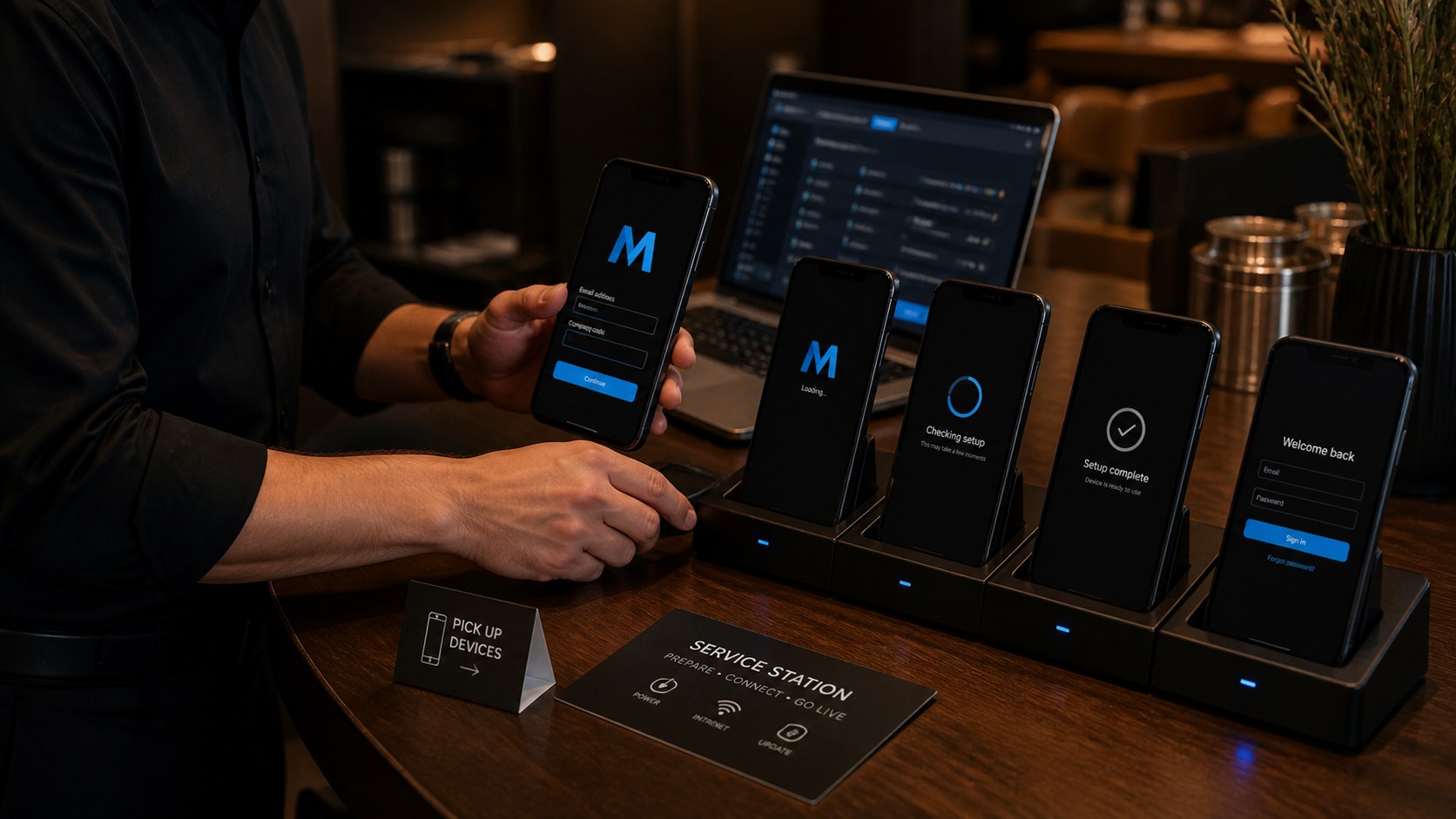 Restaurant operations manager provisioning waiter devices before service