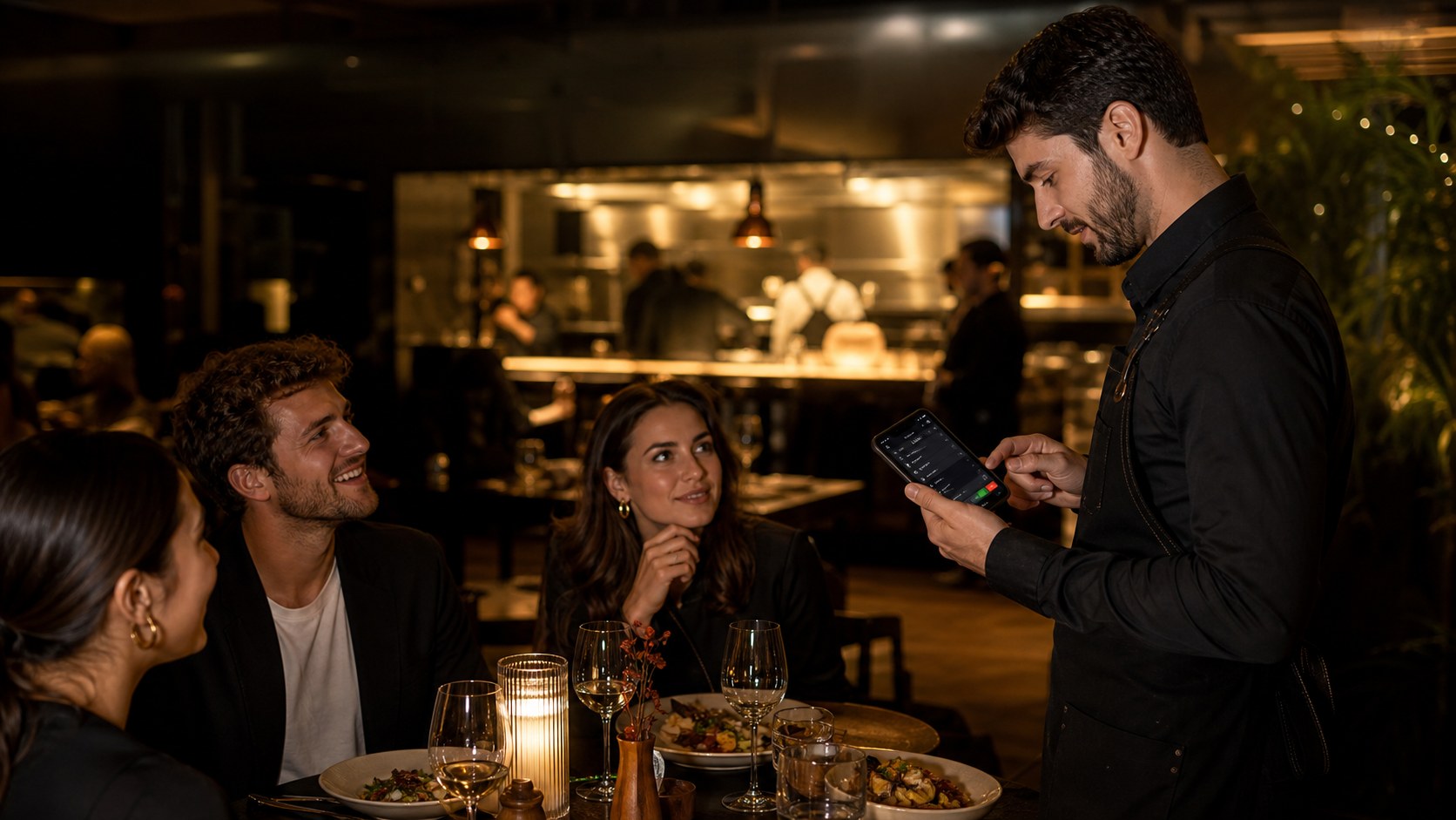 Waiter taking an order at a restaurant table with a mobile device
