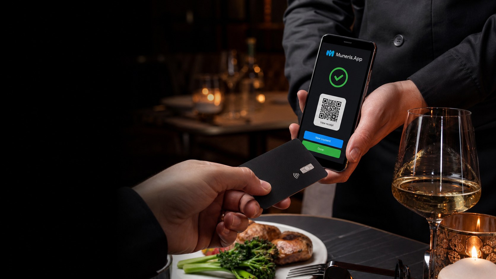 Guest making a contactless payment on a waiter's mobile device