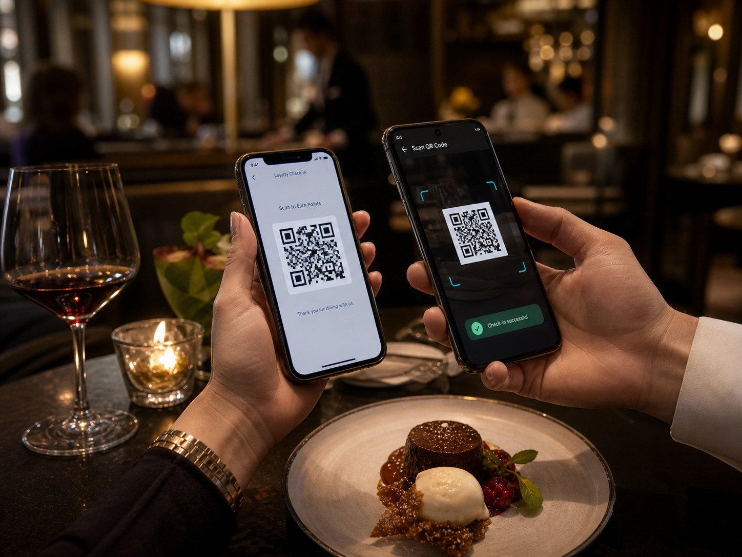 Waiter scanning a guest phone for loyalty or room charge identification