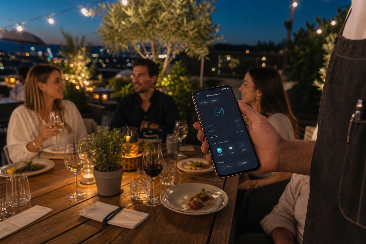Waiter with mobile at outdoor terrace