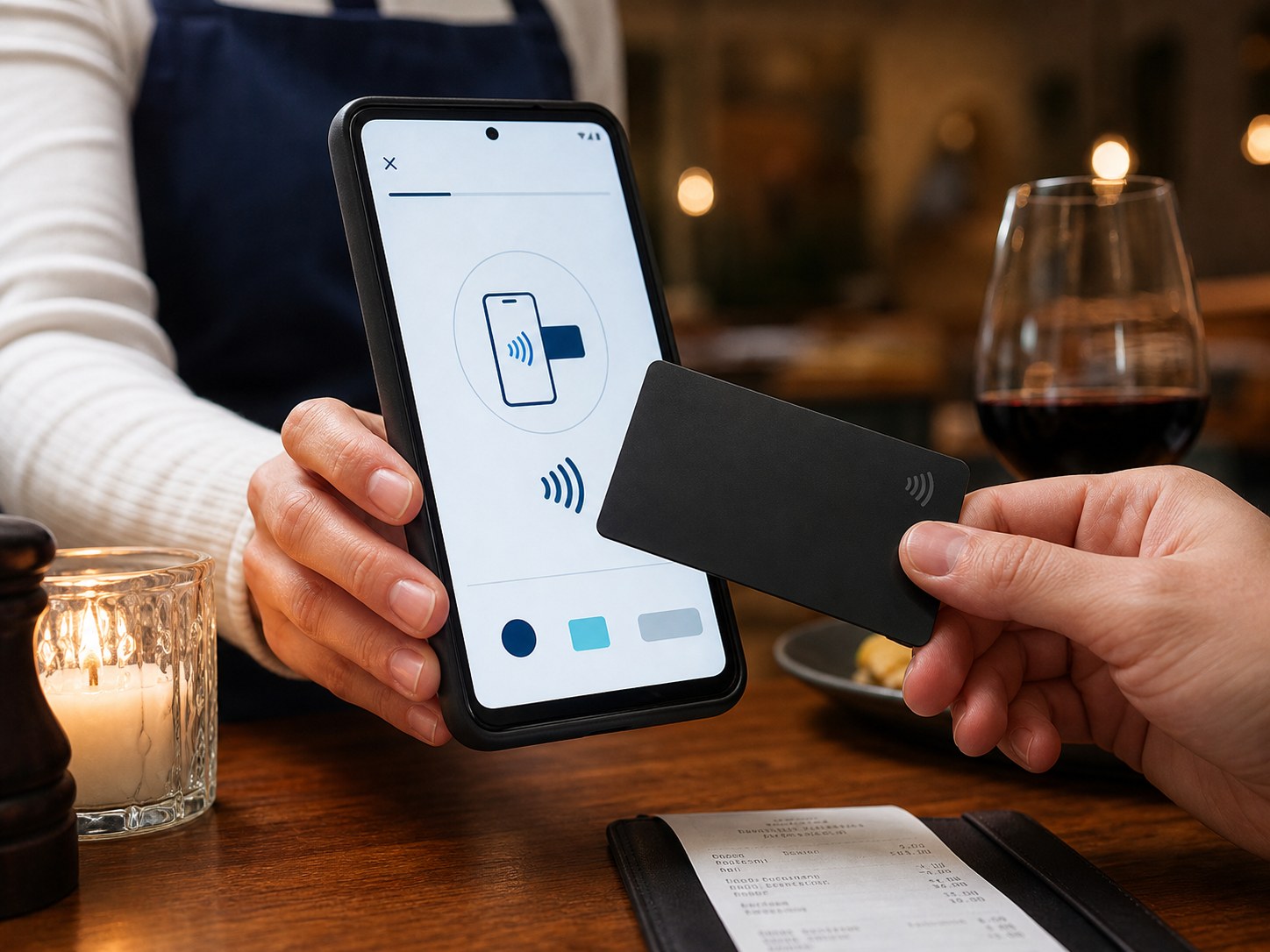Guest tapping a card on a mobile payment device at the table
